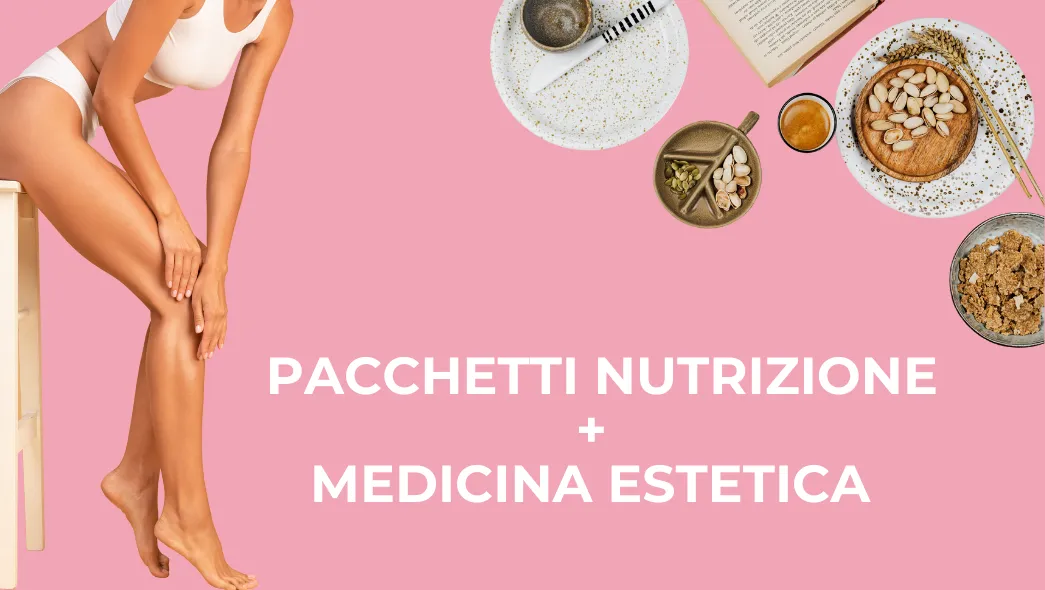 A sinistra una donna che si accarezza le gambe dopo un trattamento estetico, a destra cibi sani.